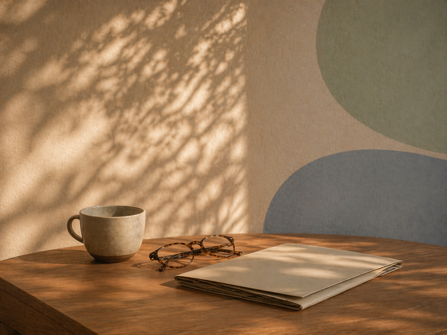 Bureau met koffiekop, leesbril en open document in zacht avondlicht — sfeerbeeld voor verwijzers
